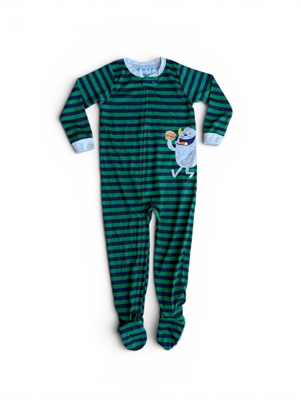 NWT Striped Green & Navy Carter’s One-Piece Footed Pajama - Hamburger Monster